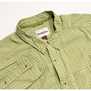 Simms Mens Seer Sucker Fishing Button Down Shirt Sz 3XL Green Plaid Outdoor Vent